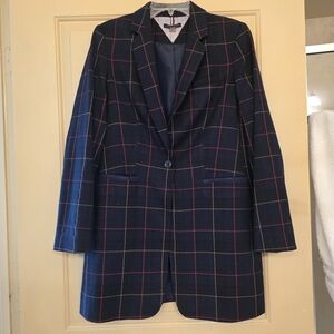 Sz10 Tommy Hilfiger Women Plaid Blazer Jacket  Long Preppy Academia Elbow Patch